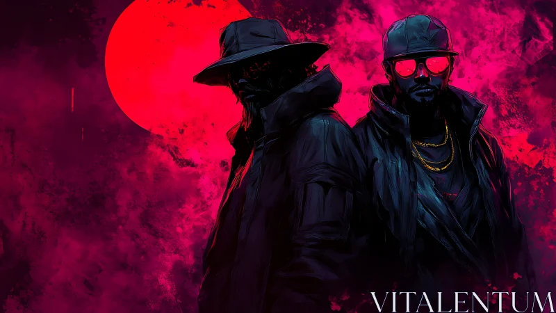 Neon night guardians under a burning red moon.