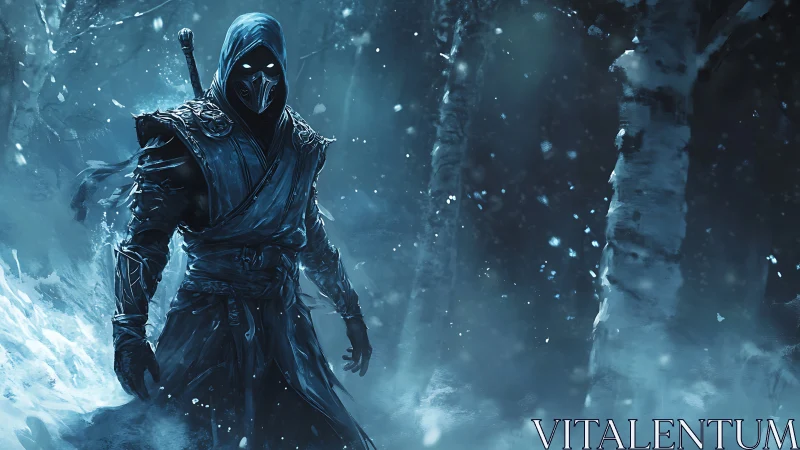Hooded masked warrior stands in frozen dark forest night.