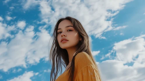 Sunlit daydreamer gazes upward beneath wandering summer clouds.