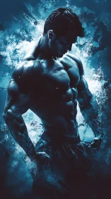 Blue-lit muscular male figure in dynamic digital silhouette.