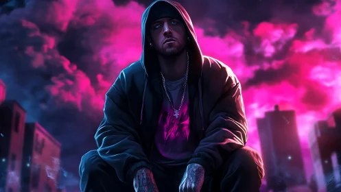 Hooded urban man under neon pink city night sky.