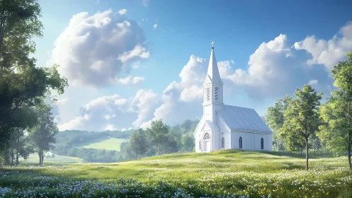 White country church rises over sunlit wildflower meadow