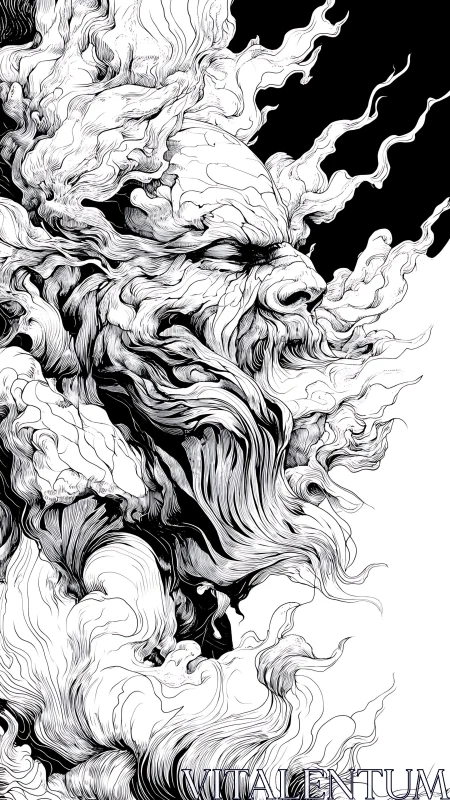 Intricate line-work forms a turbulent, smoke-sculpted bearded visage