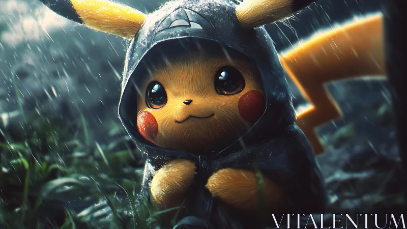 Cozy hooded Pikachu waits in the rain with a gentle smile