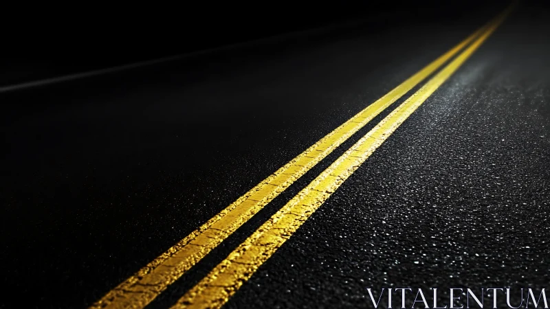 Yellow road centerlines glow against a dark night highway.