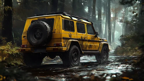 Yellow off-road SUV crossing wet forest trail in rain.