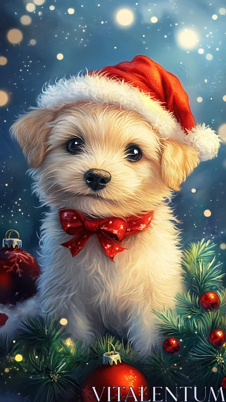 Fluffy puppy wears Santa hat amid glowing Christmas baubles