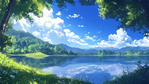 Summer lake landscape under clear blue sky with clouds.
