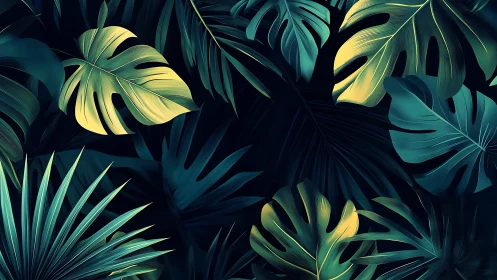 Lush teal and gold tropical leaves on deep midnight background.