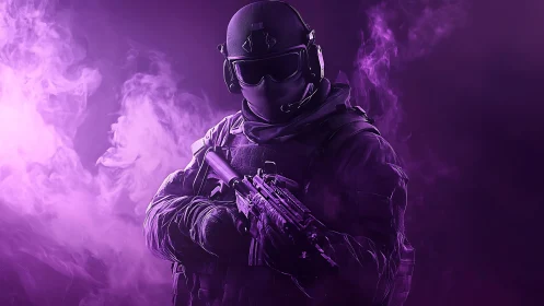 Helmeted tactical figure in purple smoke with firearm.