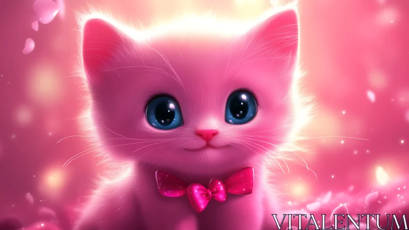 Glowing Pink Cat with Blue Eyes and Heart Bow