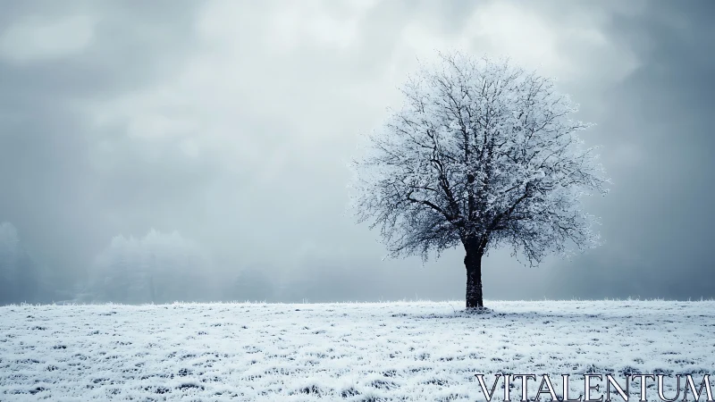 Isolated snow‑covered tree anchors a high‑contrast winter fog field