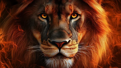 Lion portrait burns with molten amber firelit intensity.