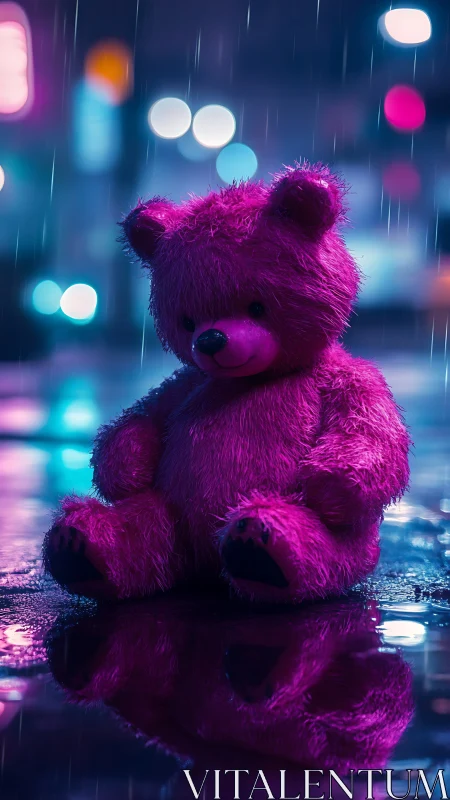 Neon rainstorm cradles a lonely magenta teddy bear dream.