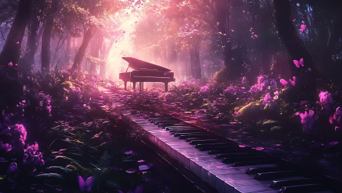 Enchanted forest piano glows in dreamy pink twilight