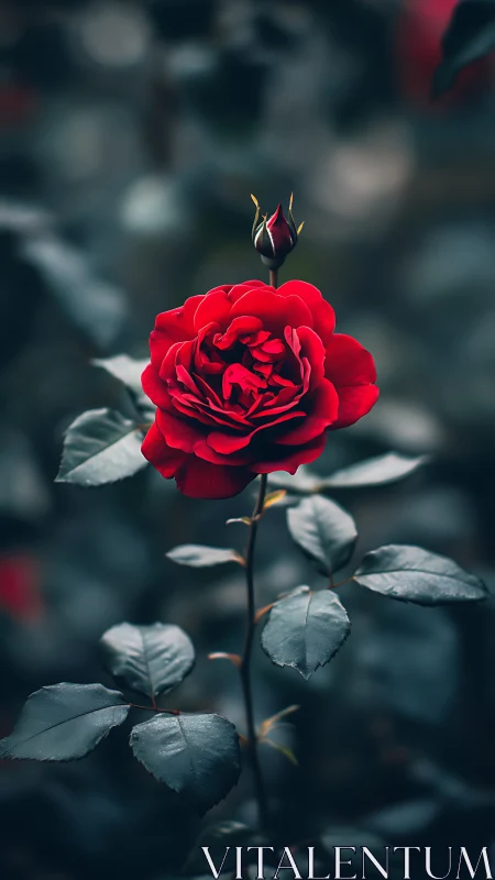 Red Rose with Unopened Bud in Natural Garden Setting