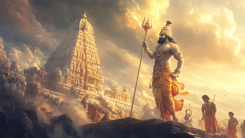 Warrior ascends temple city under a storm-lit golden sky