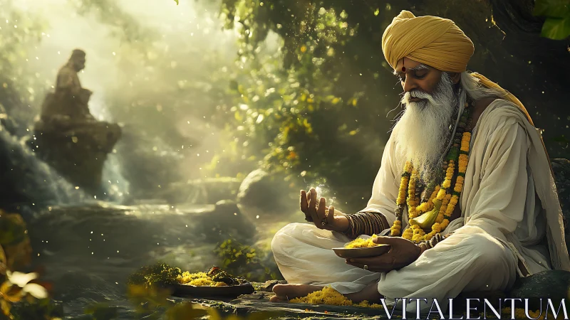 Forest mystic in golden garlands cradling riverlight hush.