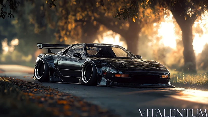 Lowered black sports car on rural road at sunset.
