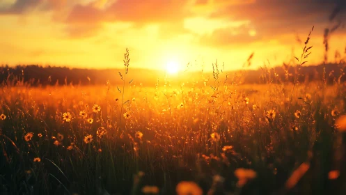 Glowing sunset washes a wildflower meadow in golden serenity