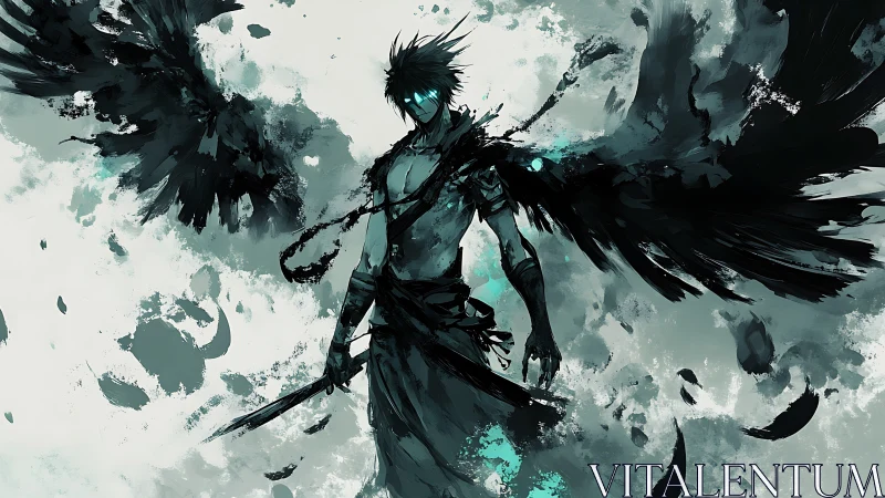 Shadowed winged swordsman with cyan energy and torn feathers