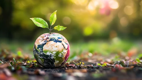 Earth-shaped globe with sprouting plant, environmental concept photo.