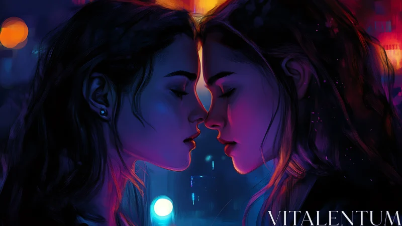 Neon city hush holds two mirrored souls in quiet orbit