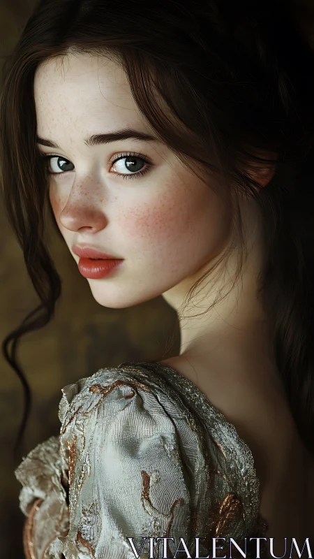 Young woman in vintage dress gazes back in soft light