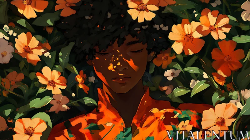 Portrait of serene person resting among orange flowers.