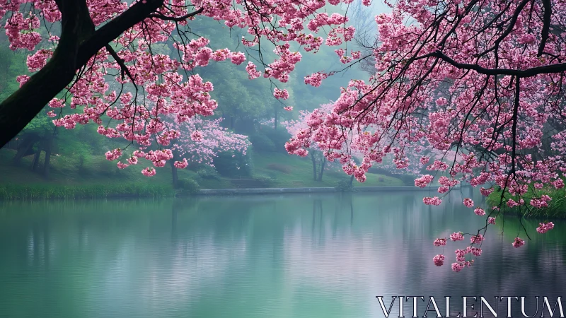 Cherry blossoms over misty lakeside with soft atmospheric depth