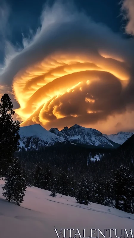 Lenticular cloud vortex ignites alpenglow above snowy range.