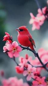 Red songbird is perched on flowering branch in shallow focus