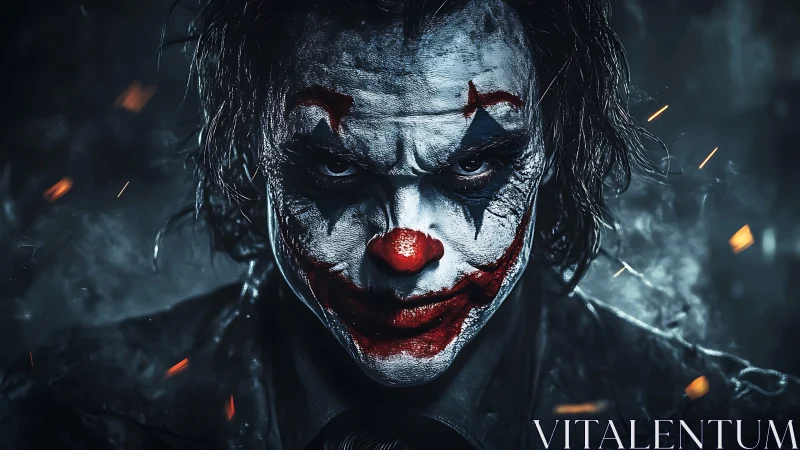 Sinister clown portrait with intense smoky cinematic lighting