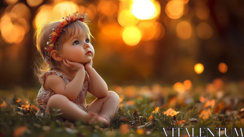 Young Child in Floral Crown Contemplating Autumn Sunset.