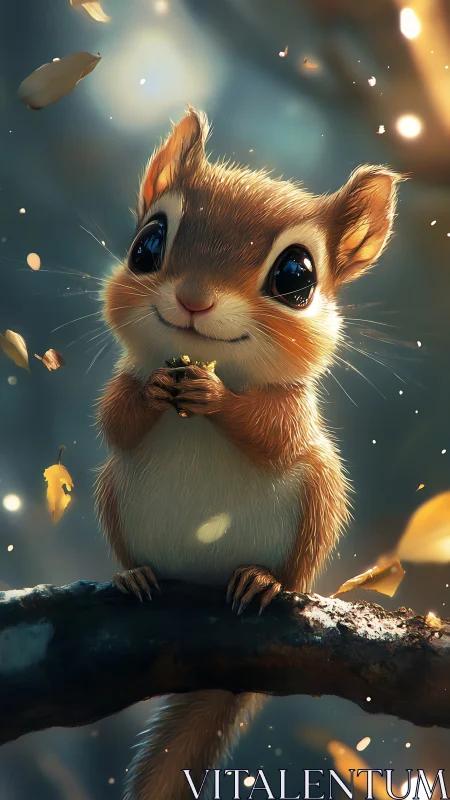 Cute chipmunk holds nut on branch under glowing forest light