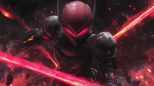 Armored cyber warrior lunges with twin blazing energy blades.