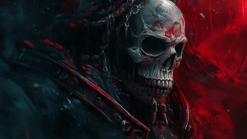Skull-like figure rendered in red and dark tones with high contrast