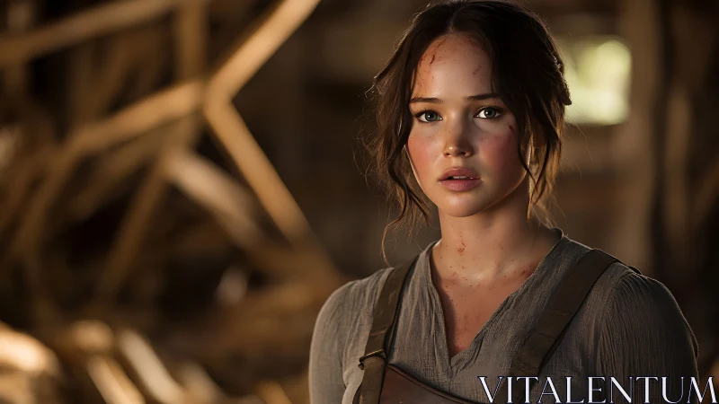 Young woman stands in rustic interior with dirt on face