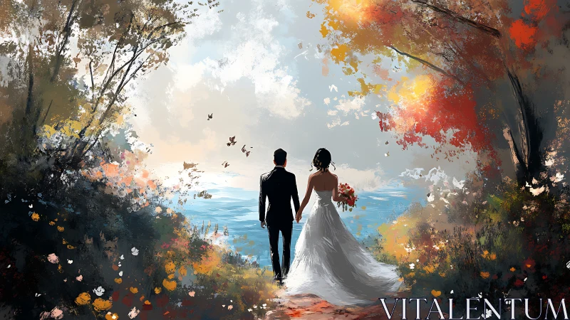 Romantic newlyweds walking toward lakeside autumn light.