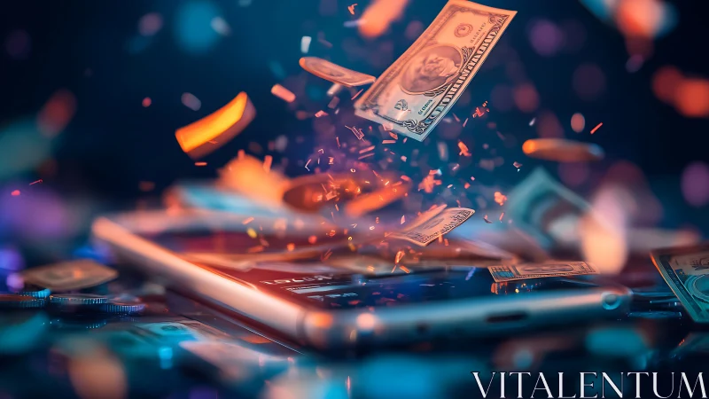 Digital cash explosion over smartphone in neon bokeh field.