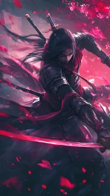 Crimson samurai warrior slashes through swirling petals