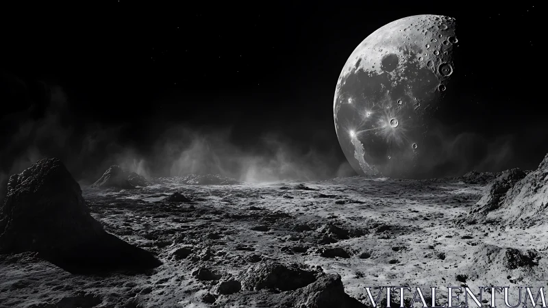 Rocky lunar foreground under looming detailed moon globe.