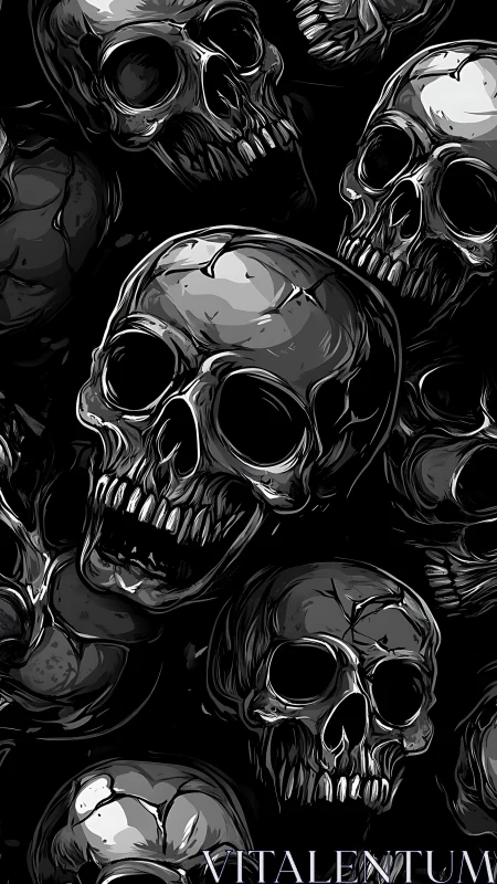 Clustered monochrome skulls in dramatic horror illustration.