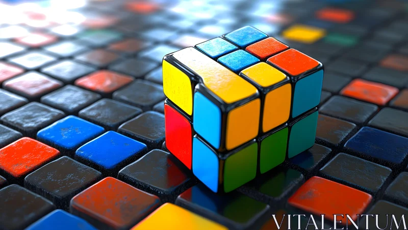 3D geometric cube cluster on reflective tiled matrix surface.