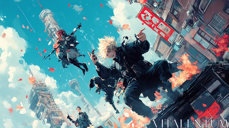 Urban sky combat squad leaps through burning cybercity