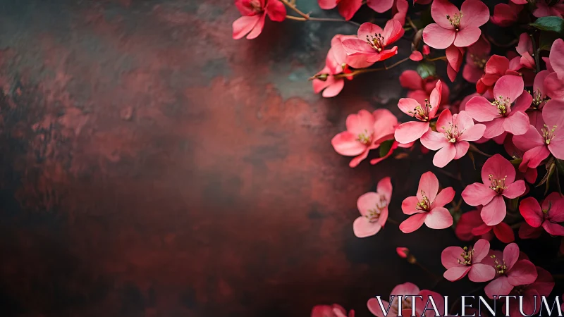 Pink Crabapple Blossoms Against Rust Textured Surface.