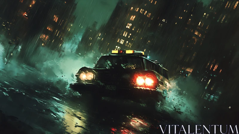 Noir taxi skidding through rain-saturated cybernetic avenue.