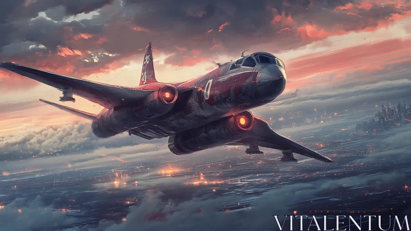 Storm-red bomber glides over emberlit cyberpunk cityscape.