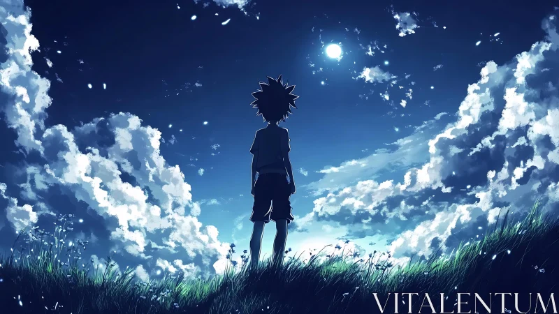 Lone anime boy under moonlit sky and glowing clouds.