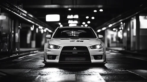 Tuned white Mitsubishi Evo waits under moody city lights